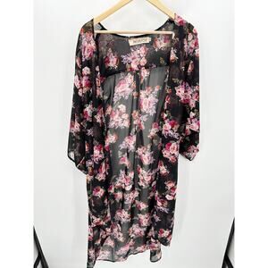 REVERSE Sweater Women SMALL Black Pink Floral Sheer Open Front Duster Kimono